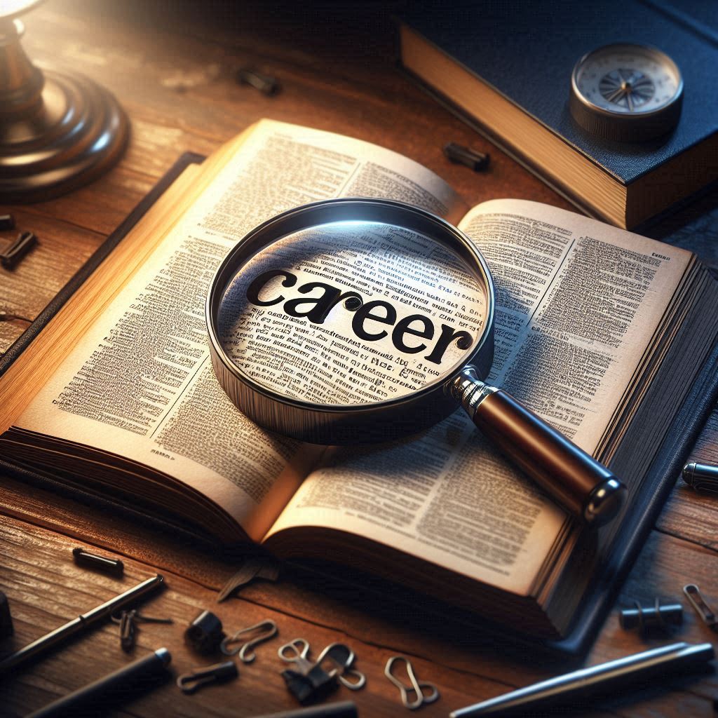 Image shows a magnifying glass highlighting word Career in an open book.