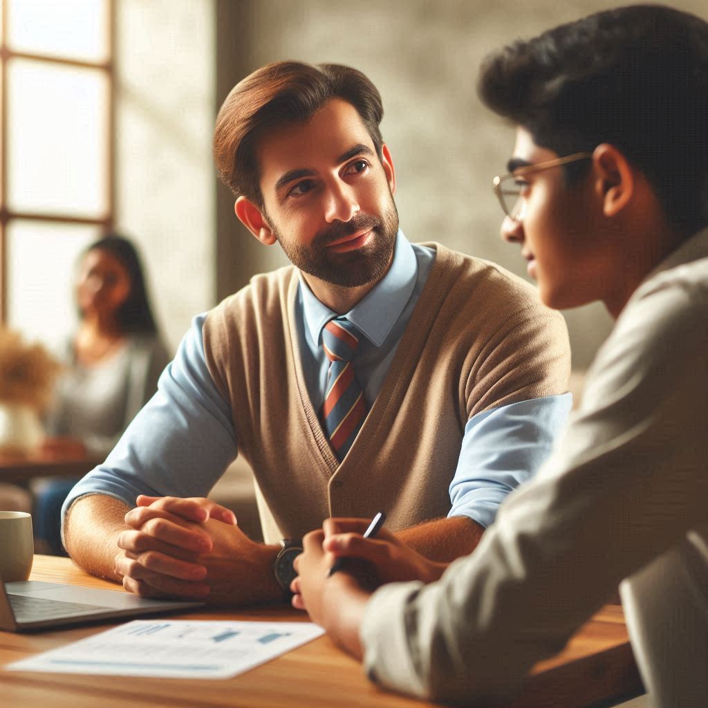 Image shows a Career Coach in a conversation with a student