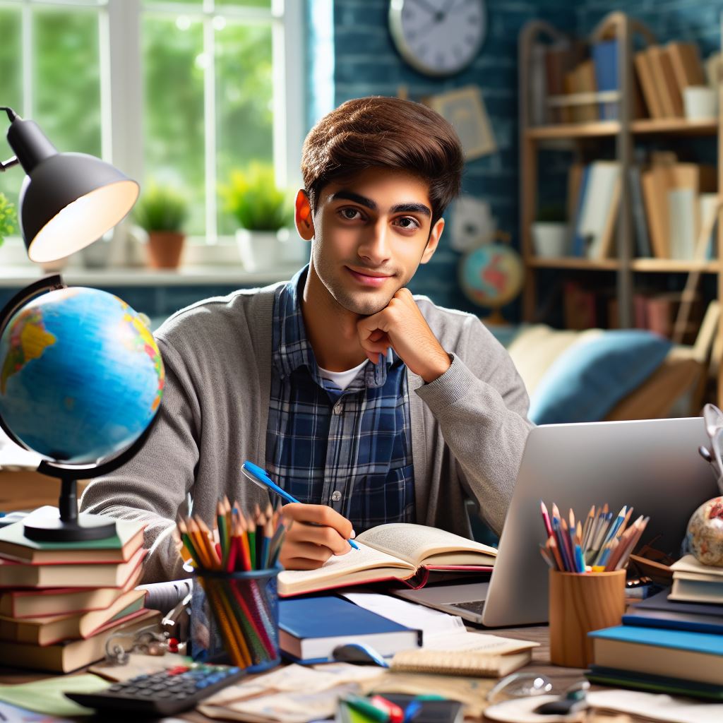 Image of a student surrounded with books, laptop, and other useful resoruces needed for career.