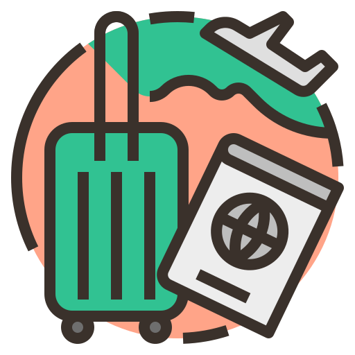 Image shows travel related icons such as bag, airplane, calendar, globe