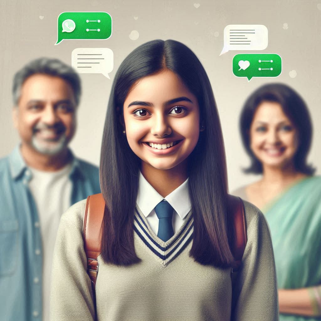 Image shows a smiling student with her parents and various Testimonials bubbles