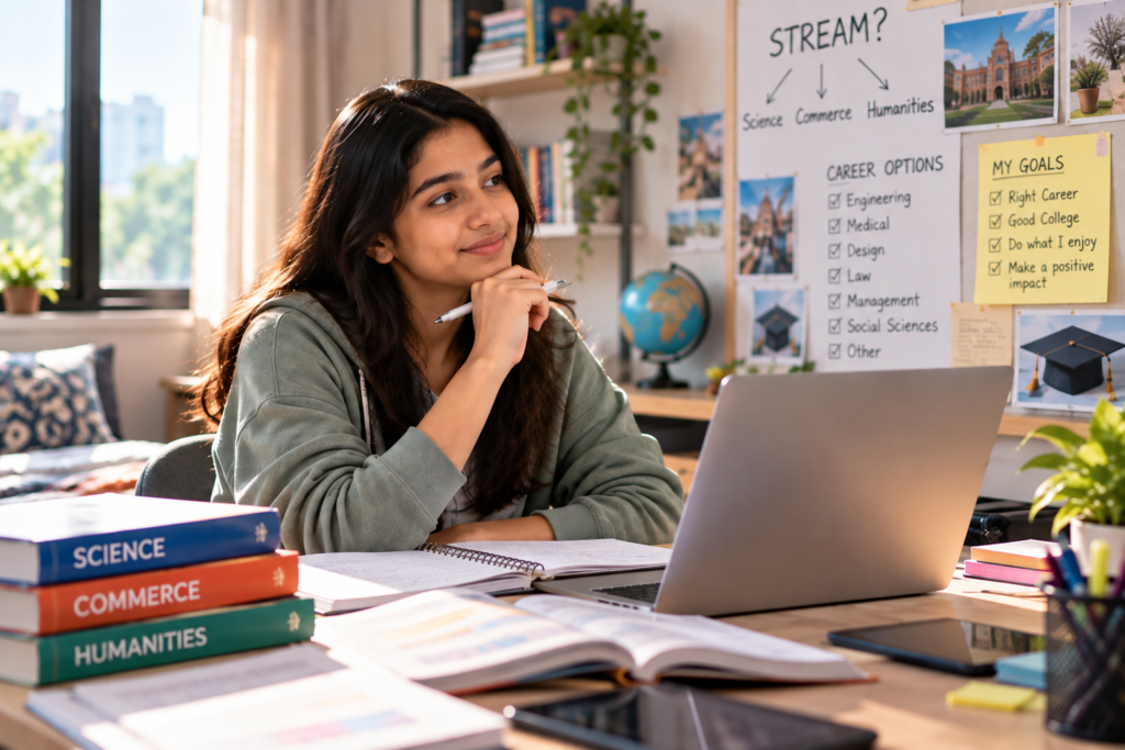 Image shows a class 11-12 student thinking of various career options displayed on a board.