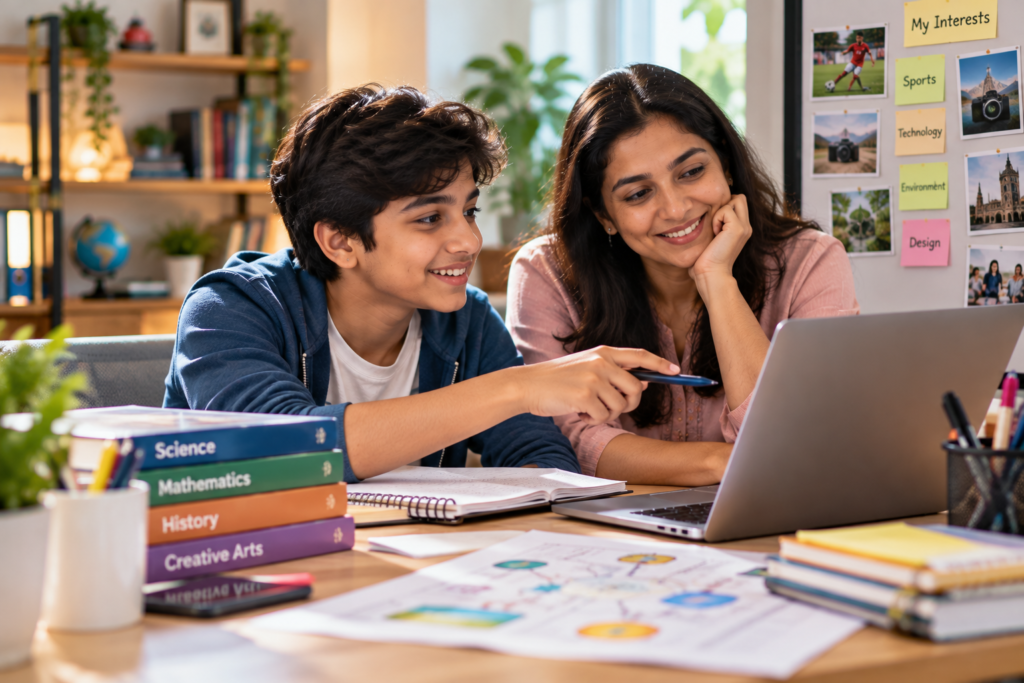 Image shows a class 9th student sitting with his mom and looking into the laptop screen