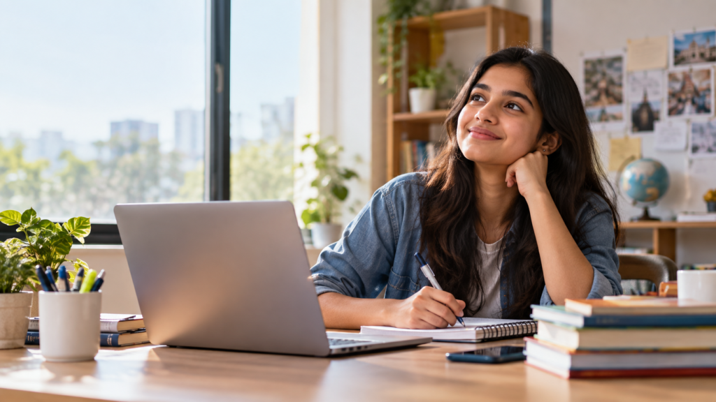 Image shows a confident young girl in front of a laptop and thinking about careers